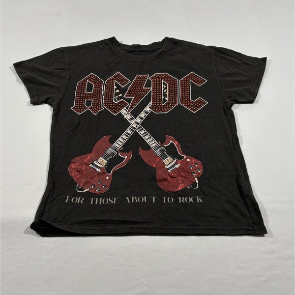 AC/DC Womens For Those About To Rock Gray Tee Studded Graphic Crop T Shirt Sz S - Picture 1 of 9